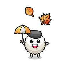 cartoon of the cute rice ball holding an umbrella in autumn