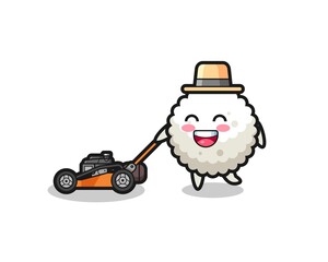 Fototapeta premium illustration of the rice ball character using lawn mower
