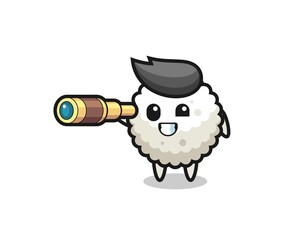 cute rice ball character is holding an old telescope