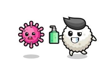 illustration of rice ball character chasing evil virus with hand sanitizer