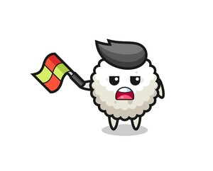 rice ball cartoon as the line judge hold the flag up at a 45 degree angle