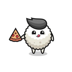 cute rice ball cartoon eating pizza