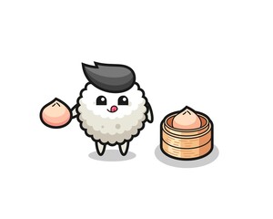 cute rice ball character eating steamed buns