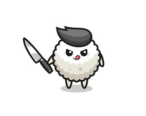cute rice ball mascot as a psychopath holding a knife