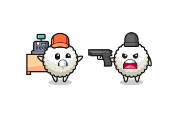 Fototapeta premium illustration of the cute rice ball as a cashier is pointed a gun by a robber