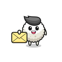 cartoon illustration of rice ball holding a yellow letter