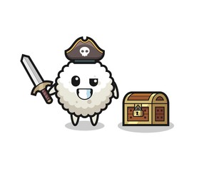the rice ball pirate character holding sword beside a treasure box