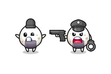 illustration of onigiri robber with hands up pose caught by police