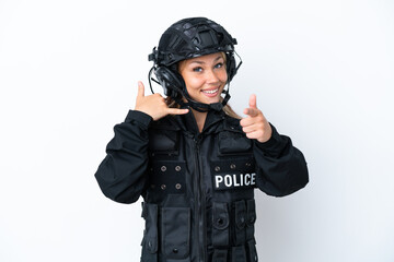 SWAT Russian woman isolated on white background making phone gesture and pointing front