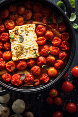 Baked feta pasta with cherry tomatoes and herbs, close up view. Trending dish.