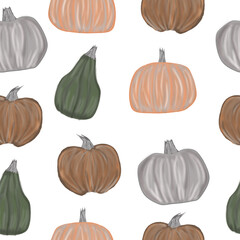 Seamless pattern with pumpkins. An illustration for a holiday, a party and invitations. Decoration for the interior. Printing for a T-shirt. A festive composition for the design of the fabric
