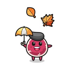 cartoon of the cute beef holding an umbrella in autumn