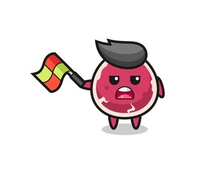 beef cartoon as the line judge hold the flag up at a 45 degree angle