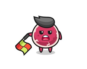 beef character as line judge hold the flag down at a 45 degree angle