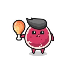 beef cute mascot is eating a fried chicken
