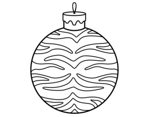 Christmas ball with tiger stripes - vector linear illustration for coloring. outline. Glass ball for decorating a Christmas tree with tiger stripes - a symbol of the year 2022 of the tiger element for