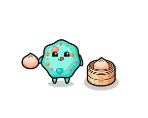 cute amoeba character eating steamed buns