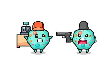 illustration of the cute amoeba as a cashier is pointed a gun by a robber