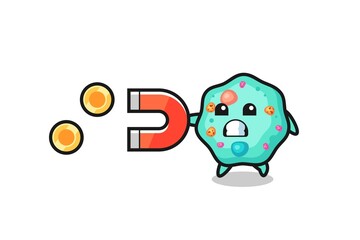 the character of amoeba hold a magnet to catch the gold coins
