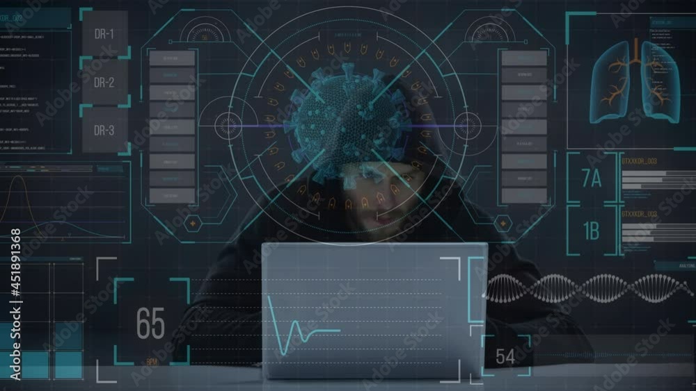 Poster animation of data processing over hacker with laptop
