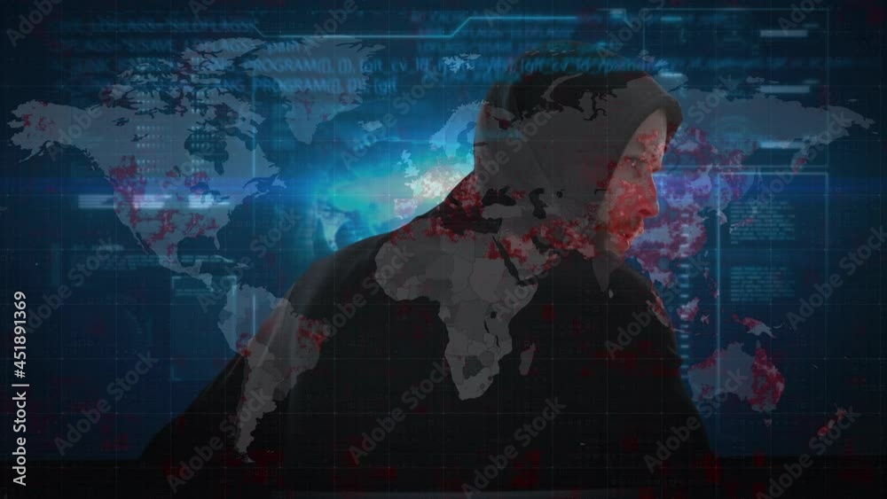 Poster animation of data processing over hacker with laptop