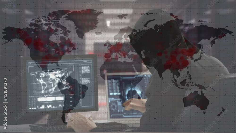 Poster animation of data processing over hacker with computer