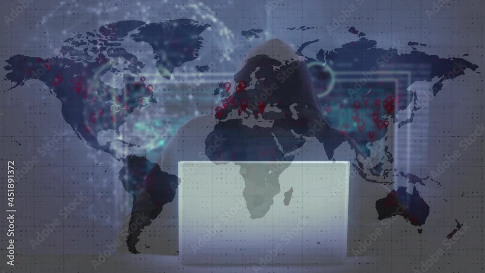 Poster animation of data processing over hacker with laptop