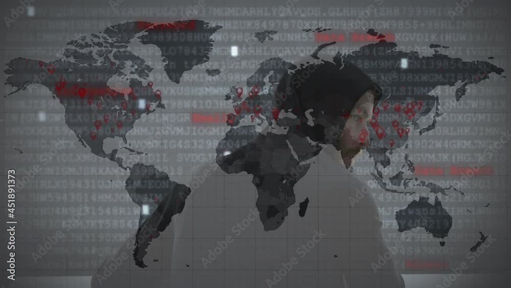 Poster animation of data processing over hacker with computer