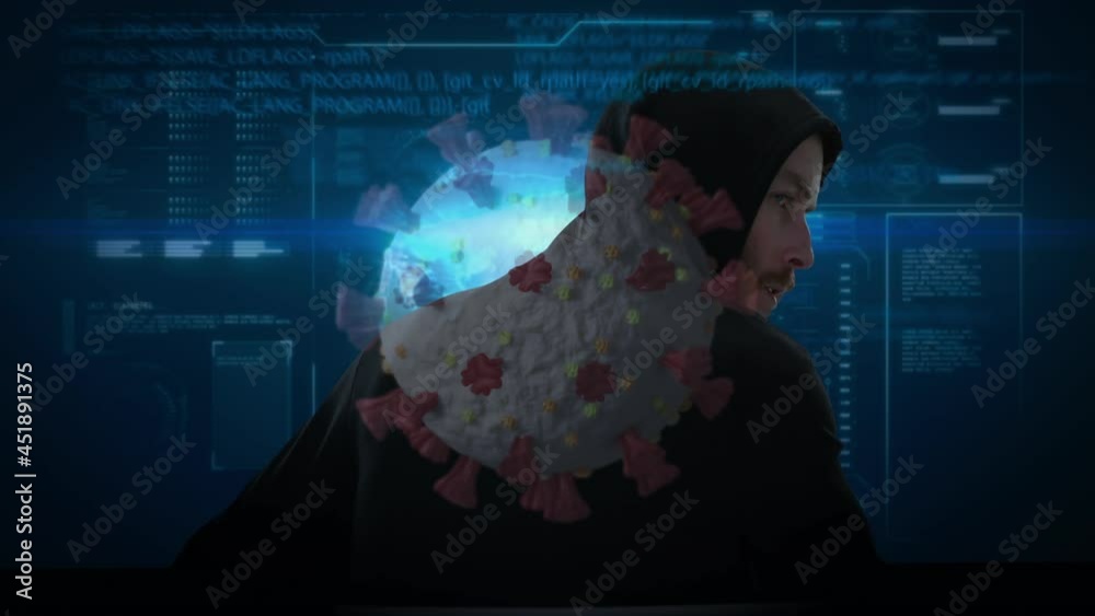 Poster animation of data processing over hacker with laptop