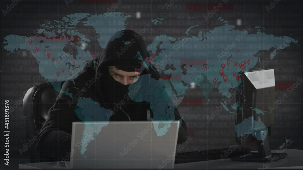 Poster animation of data processing over hacker with laptop