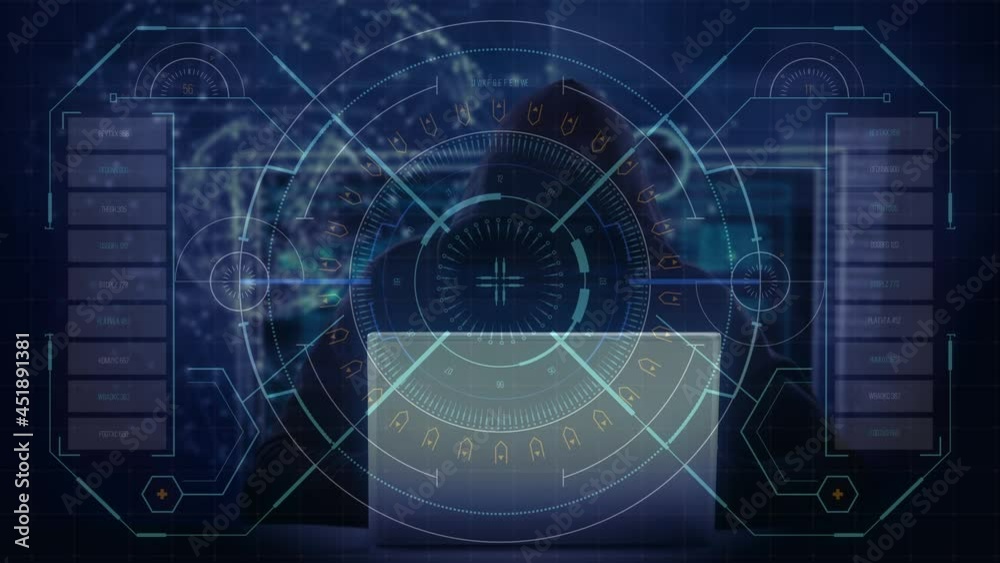 Poster animation of data processing over hacker with laptop