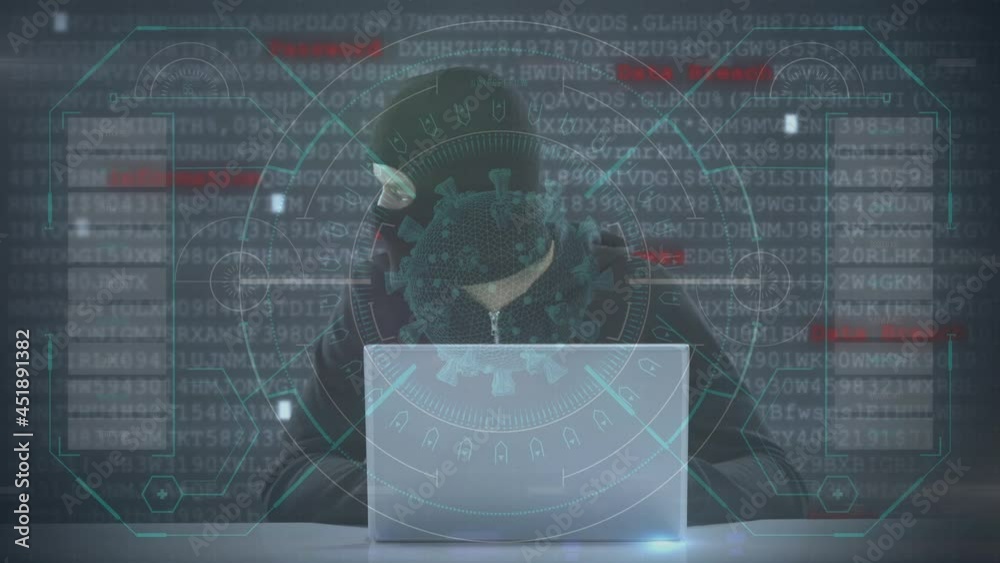 Poster animation of data processing over hacker with laptop