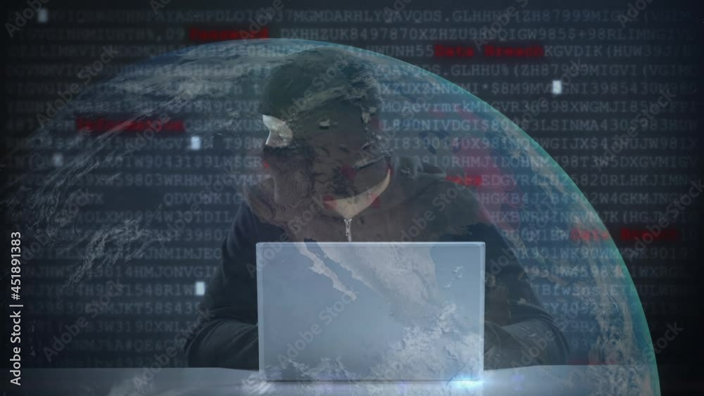 Poster animation of data processing over hacker with laptop
