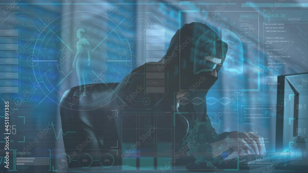 Poster animation of data processing over hacker with computer
