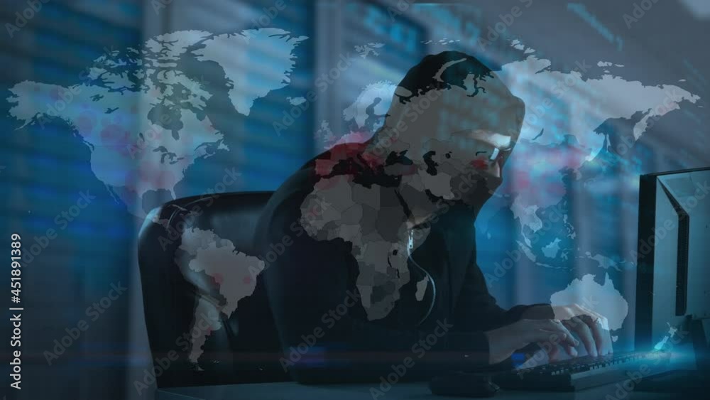 Poster animation of world map over hacker with computer