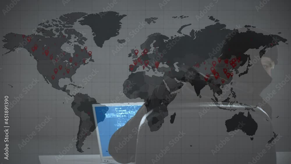 Poster animation of data processing over hacker with laptop