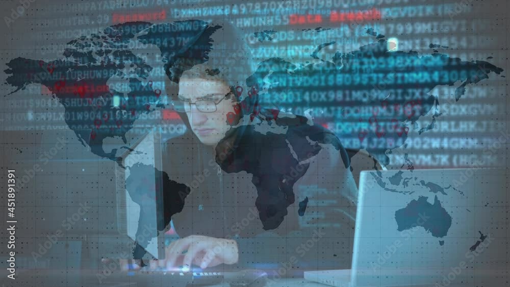 Poster animation of data processing over hacker with laptop
