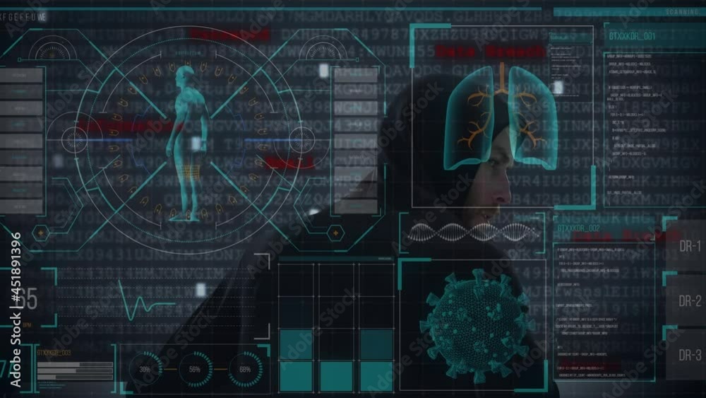 Poster animation of data processing over hacker with laptop