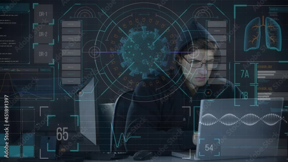Poster animation of data processing over hacker with laptop