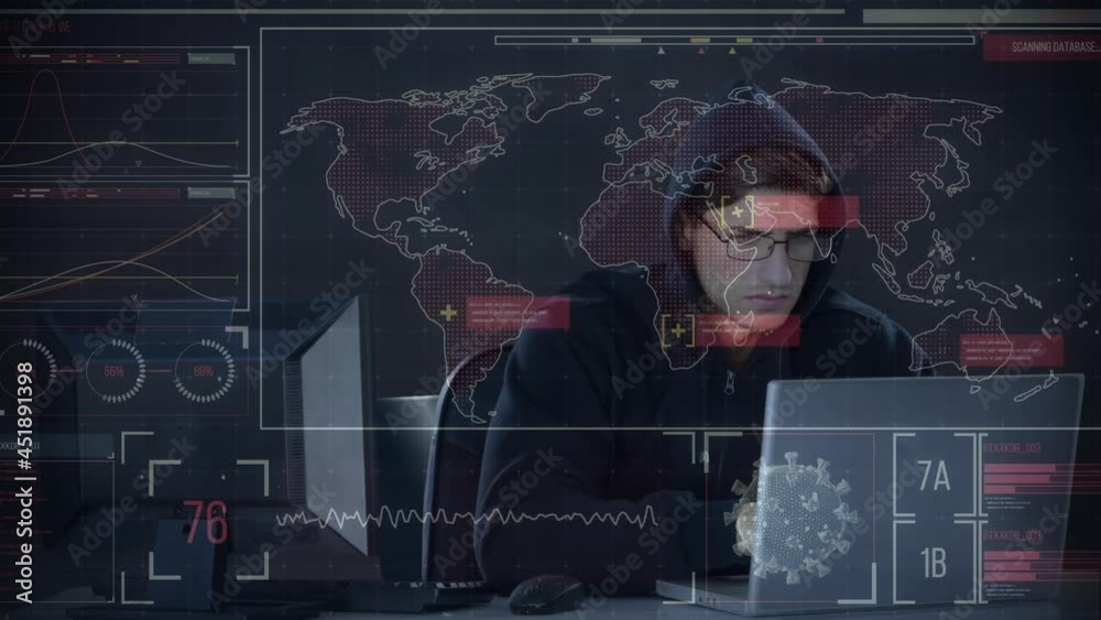 Poster animation of data processing over hacker with laptop