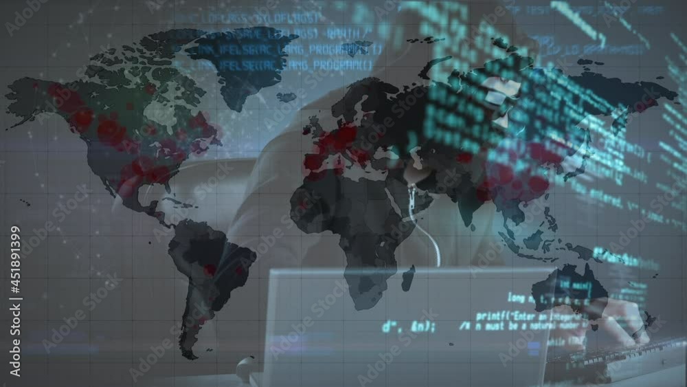 Poster animation of data processing over hacker with laptop