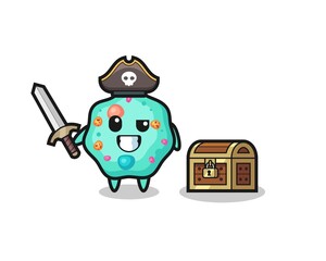 the amoeba pirate character holding sword beside a treasure box