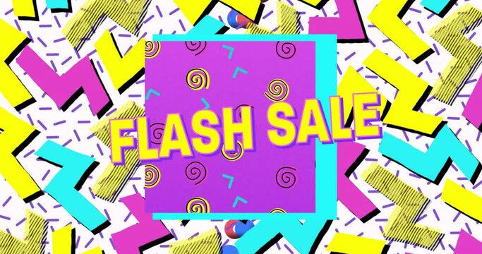 Animation of flash sale text over retro vibrant colour retro shapes