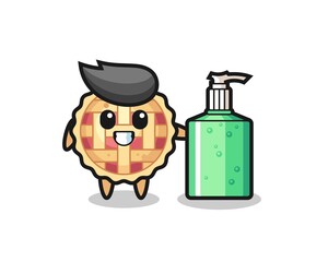 cute apple pie cartoon with hand sanitizer