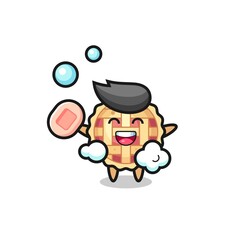 apple pie character is bathing while holding soap
