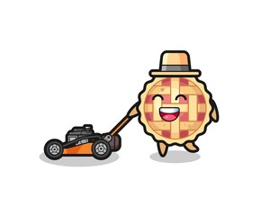 illustration of the apple pie character using lawn mower