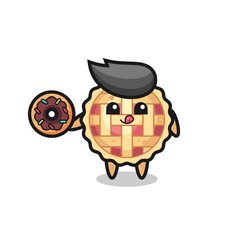 illustration of an apple pie character eating a doughnut
