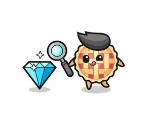 apple pie mascot is checking the authenticity of a diamond