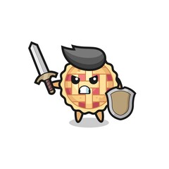 cute apple pie soldier fighting with sword and shield