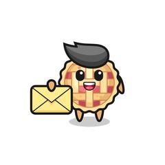 cartoon illustration of apple pie holding a yellow letter